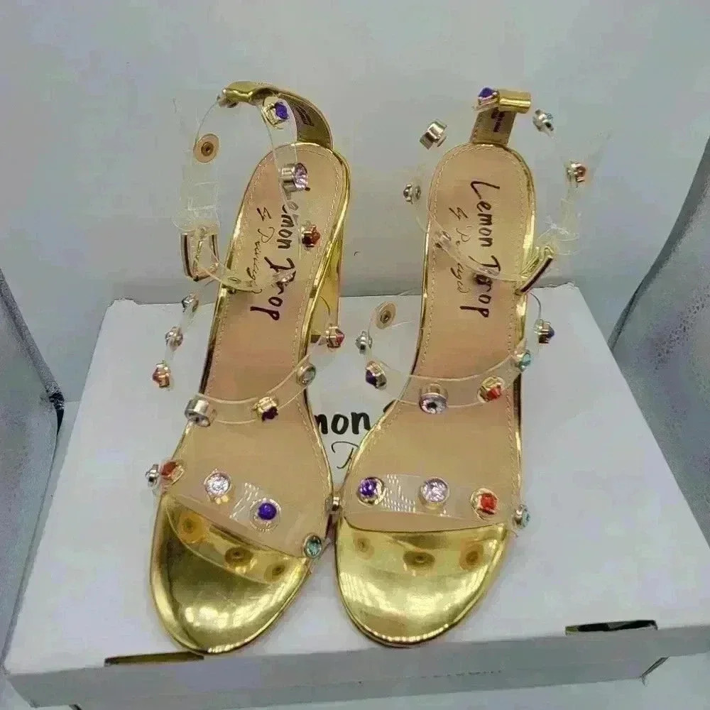 NEW IN BOX Lemon Drop by Privilege Strappy Gold Sandals 6.5 High Heel W/Stones - Picture 3 of 16